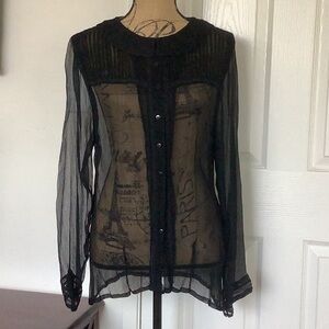 Vintage April Cornell Sheer Black Long Sleeve Button Down Blouse